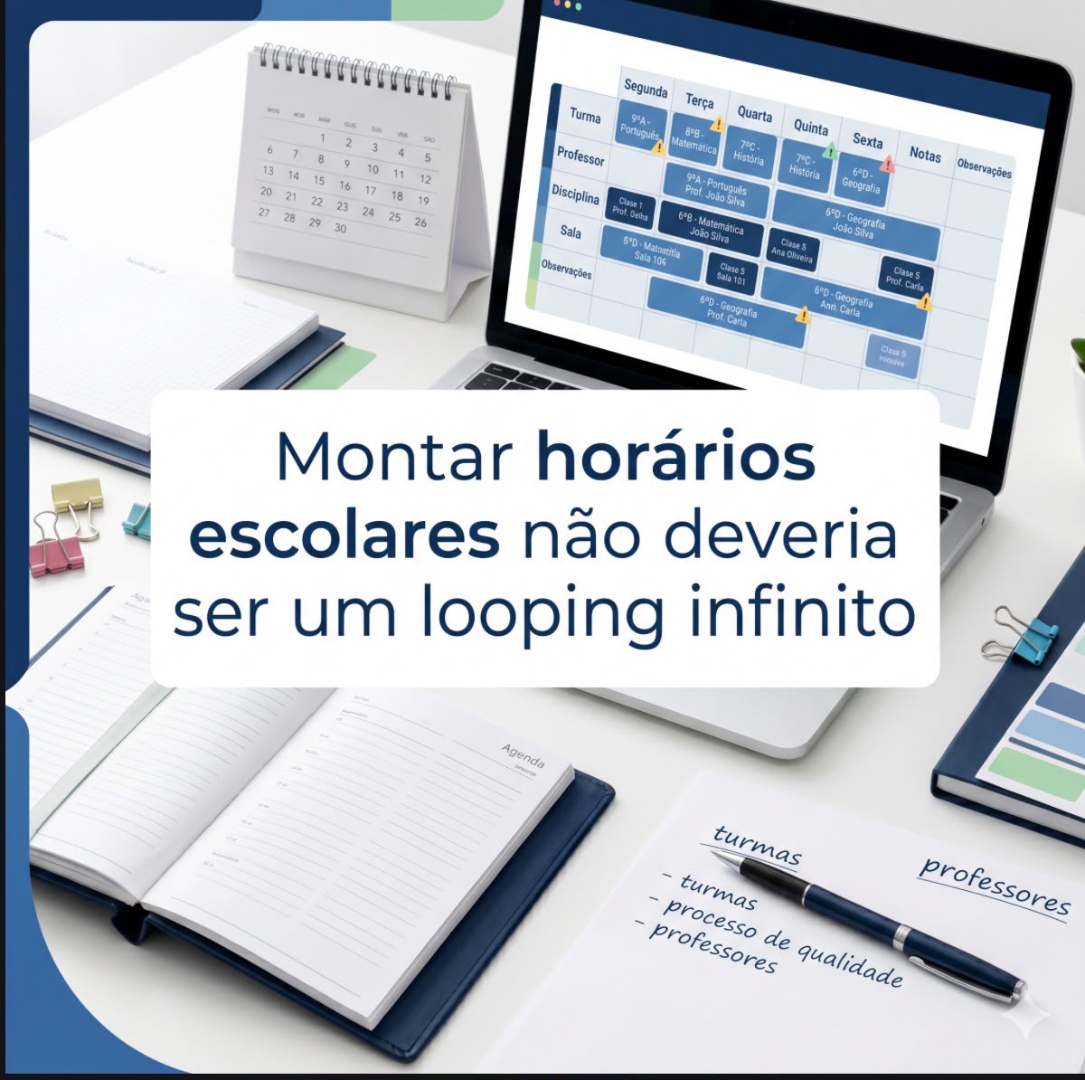 Mesa de trabalho com computador exibindo uma grade de horários escolares e a mensagem sobre evitar um processo repetitivo.
